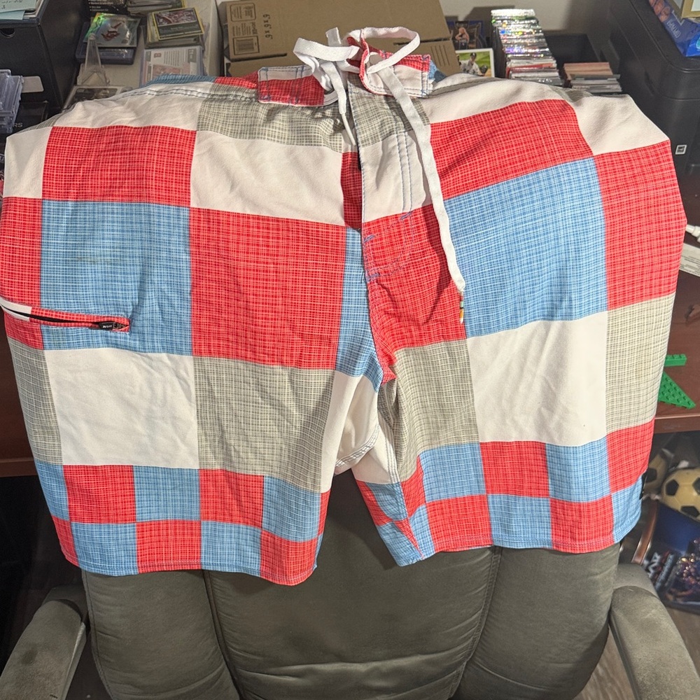 Rusty Red, Blue, and White Checkered Board Shorts